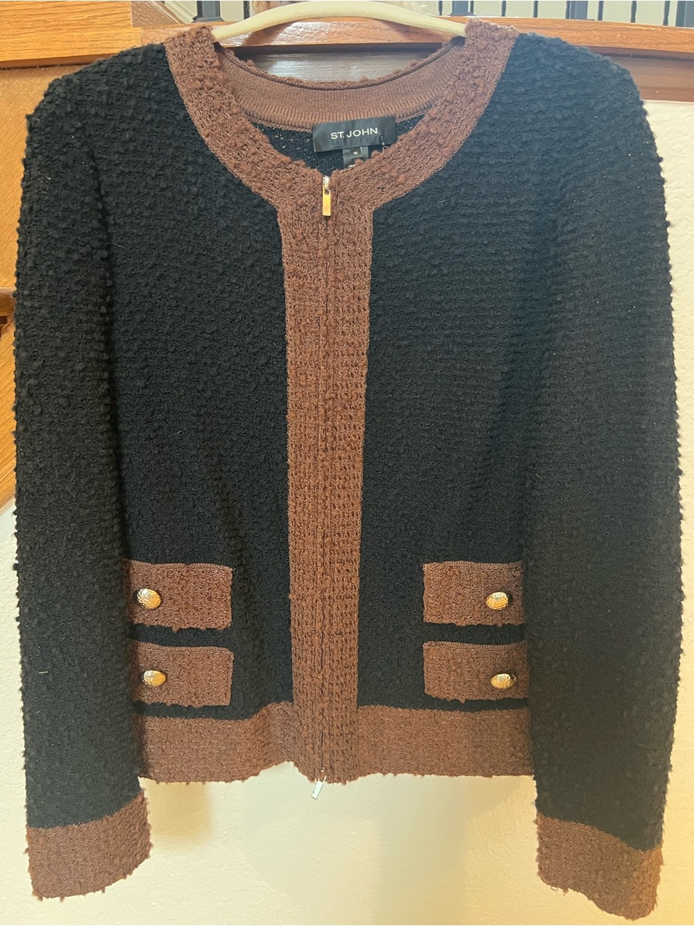 St. John Black and Brown Bouclé Zip-Front Jacket - Picture 3 of 7